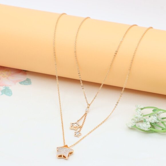 Rose Gold Double Layer Star Charm Necklace – Elegant & Stylish, XPNL0394 - Picture 10 of 13